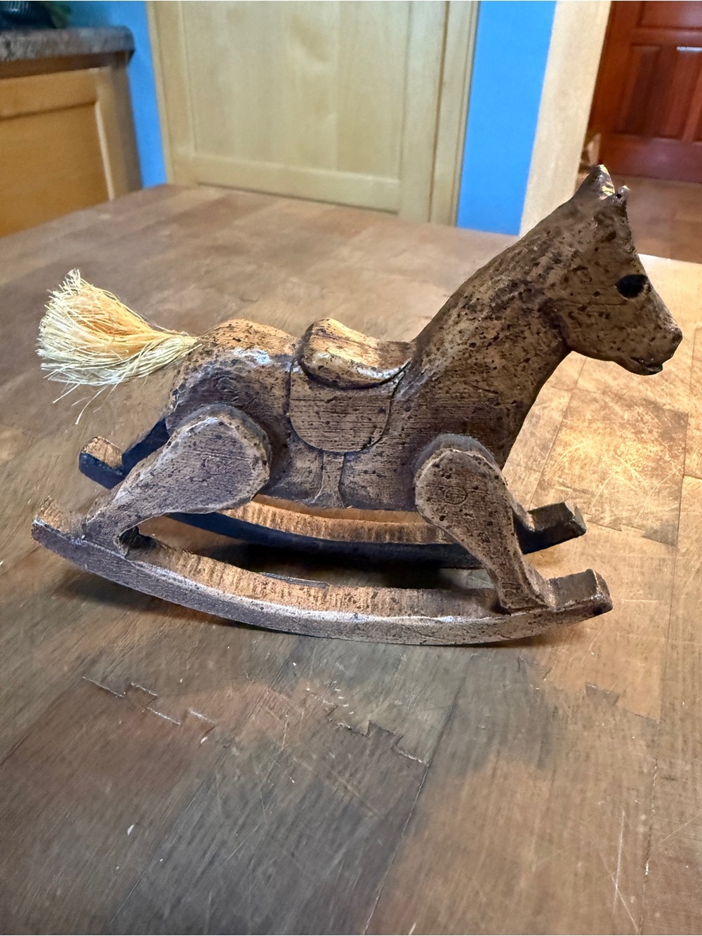 Vintage Rustic Brown Wooden Folk Art Rocking Horse Figurine Home Accents